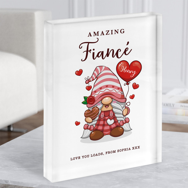 Romantic Gift For Fiancé Gnome With Love Heart Personalised Acrylic Block