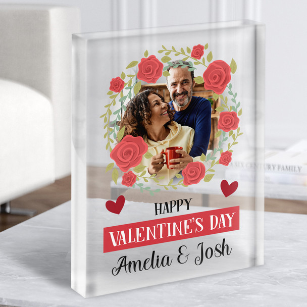 Red Rose Photo Happy Valentine's Day Gift Personalised Clear Acrylic Block