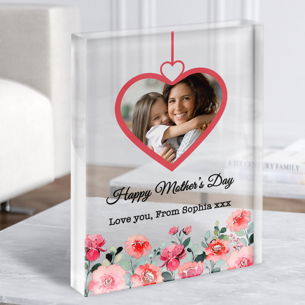 Floral Heart Photo Mother's Day Gift For Mum Personalised Clear Acrylic Block