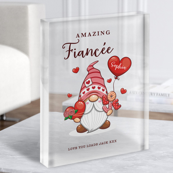 Romantic Gift For Fiancée Gnome With Love Heart Personalised Clear Acrylic Block