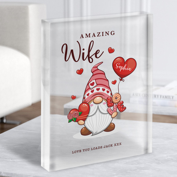 Romantic Gift For Wife Gnome With Love Heart Personalised Clear Acrylic Block