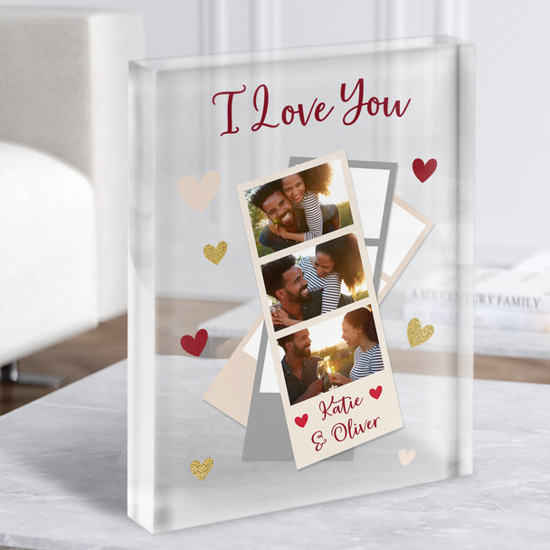 Romantic Gift I Love You Photo Strip Hearts Personalised Clear Acrylic Block