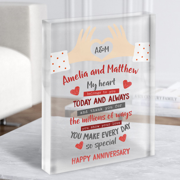 Hand Heart Words Anniversary Gift Personalised Clear Acrylic Block