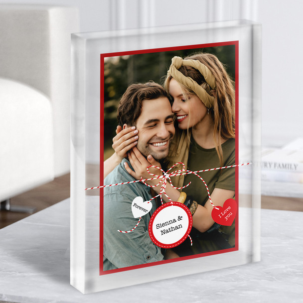 Romantic Couple Photo Gift Red Love Tags Personalised Clear Acrylic Block