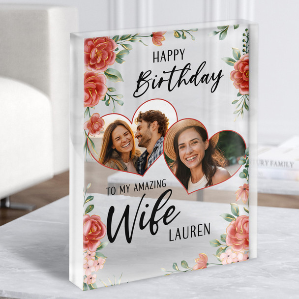 Birthday Gift For Wife Hearts Floral Photo Personalised Clear Acrylic Block