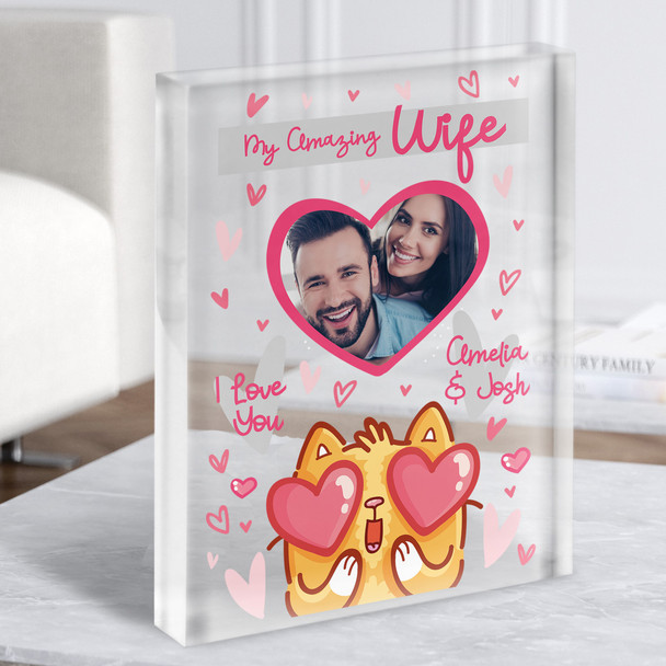 Wife Cat Photo Hearts Romantic Gift Personalised Clear Acrylic Block