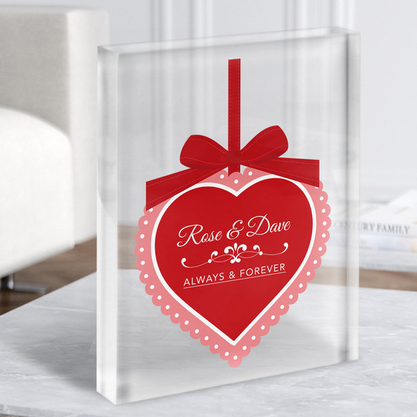 Hanging Heart Red Bow Romantic Gift Personalised Clear Acrylic Block