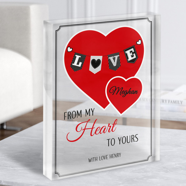 Bunting Hearts Love Romantic Gift Personalised Clear Acrylic Block