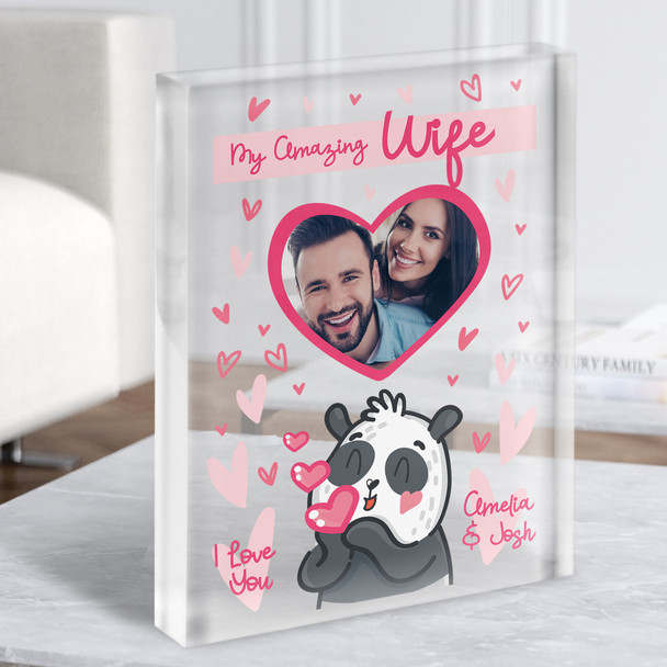 Panda Wife Gift Photo Hearts Personalised Clear Acrylic Block