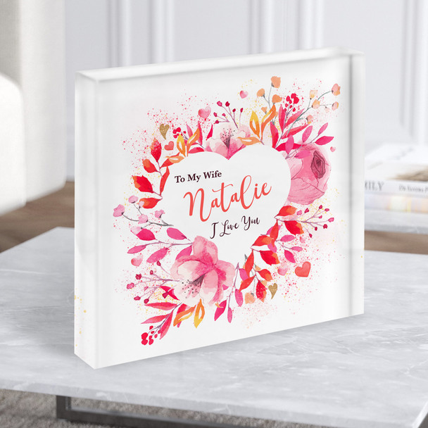 Pink Floral Heart Romantic Gift Personalised Square Acrylic Block