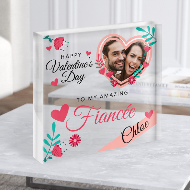 Valentines Gift For Fiancée Floral Pink Heart Photo Clear Square Acrylic Block