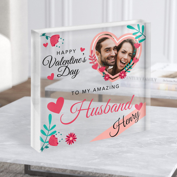 Valentines Gift For Husband Floral Pink Heart Photo Clear Square Acrylic Block