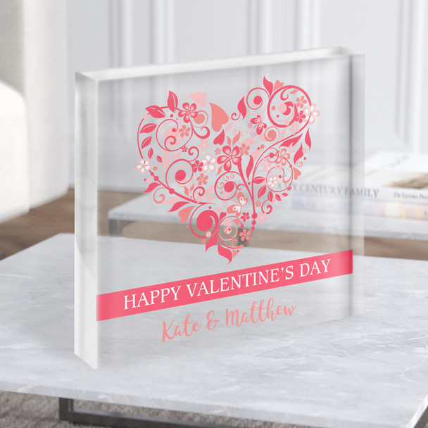 Heart Happy Valentine's Day Gift Pink Personalised Clear Square Acrylic Block