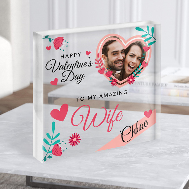 Valentines Gift For Wife Floral Pink Heart Photo Clear Square Acrylic Block