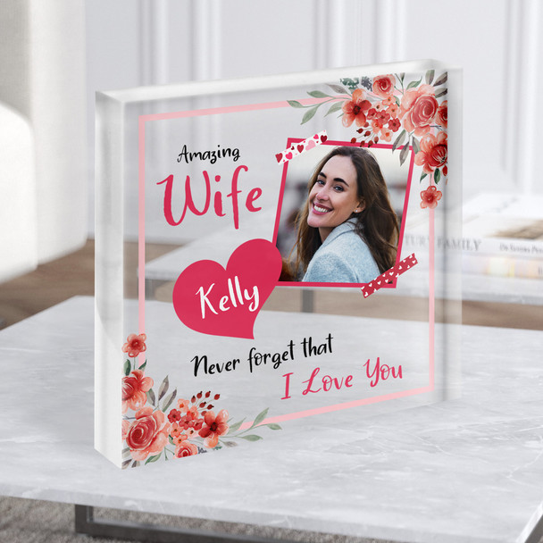 Wife Watercolour Floral Photo Romantic Gift Custom Clear Square Acrylic Block
