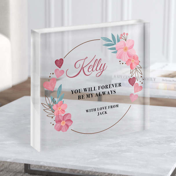 Floral Hearts Wreath Romantic Gift Personalised Clear Square Acrylic Block