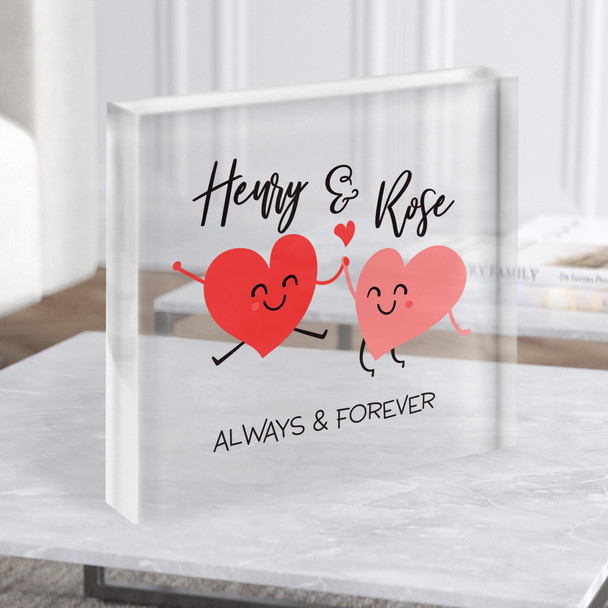 Happy Couple Hearts Romantic Gift Personalised Clear Square Acrylic Block