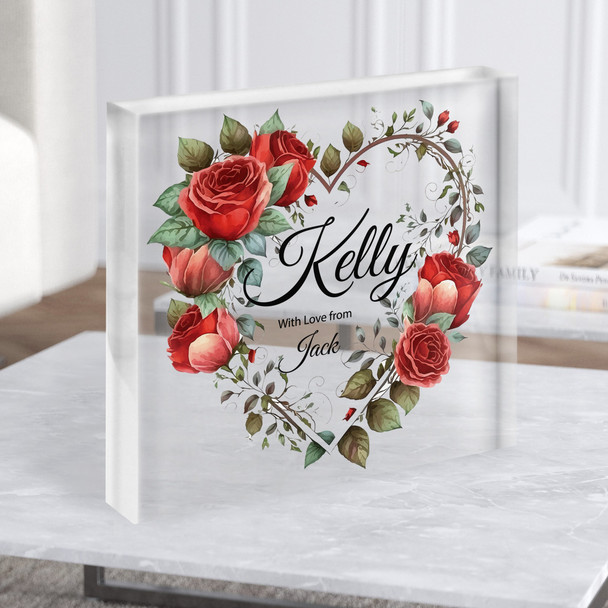 Roses Heart Romantic Gift Personalised Clear Square Acrylic Block