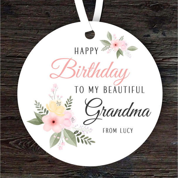 Beautiful Grandma Pink Flowers Birthday Gift Round Personalised Hanging Ornament