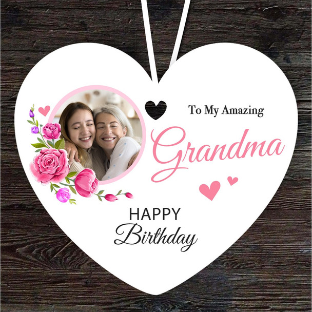 Amazing Grandma Pink Flowers Photo Birthday Gift Heart Personalised Ornament