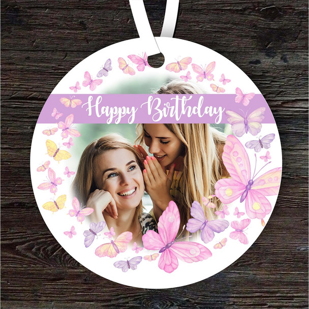 Happy Birthday Gift Pink Butterfly Photo Round Personalised Hanging Ornament