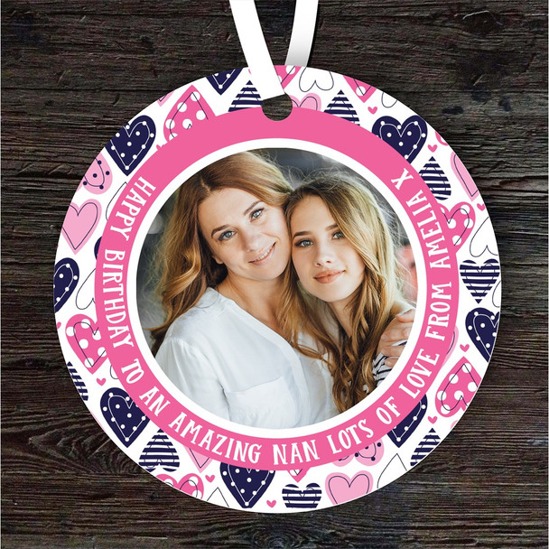 Amazing Nan Birthday Gift Hearts Photo Round Personalised Hanging Ornament