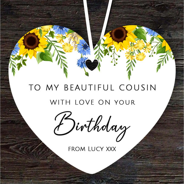 Cousin Sunflowers Birthday Gift Heart Personalised Hanging Ornament
