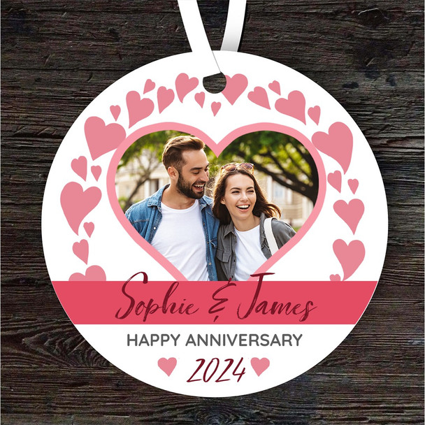 Heart Frame Happy Anniversary Gift Photo Round Personalised Hanging Ornament