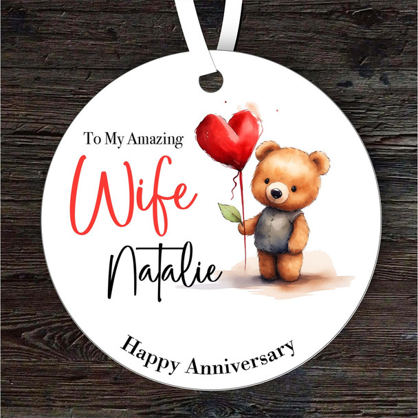 Teddy Bear Heart Anniversary Gift Round Personalised Hanging Ornament
