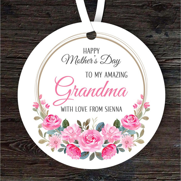 Grandma Pink Floral Wreath Mother's Day Gift Round Personalised Hanging Ornament