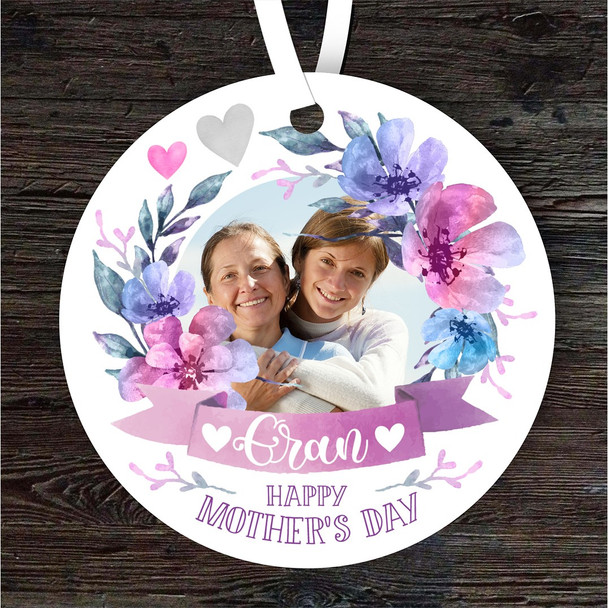 Gran Happy Mother's Day Gift Flower Wreath Purple Round Personalised Ornament