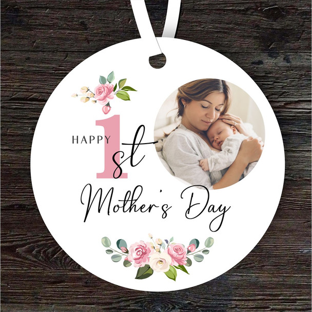 Pink Photo Floral First Mother's Day Gift Round Personalised Hanging Ornament