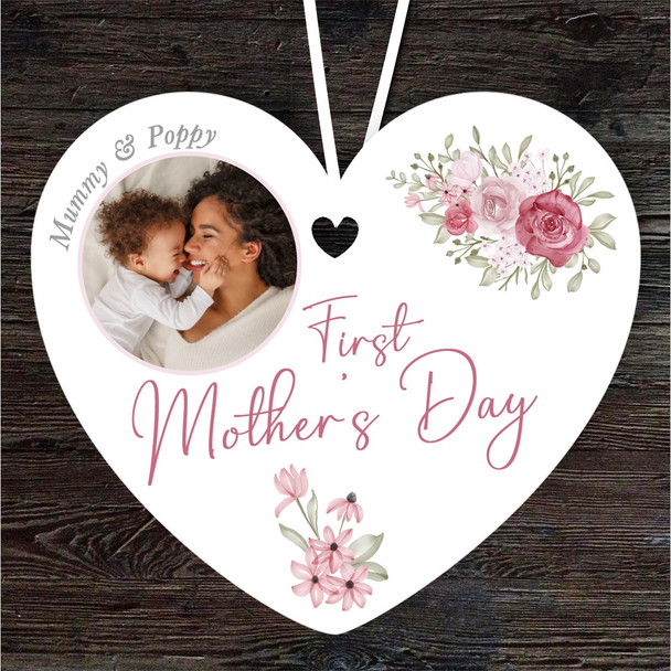 Mummy Pink Floral Photo 1st Mother's Day Gift Heart Personalised Ornament