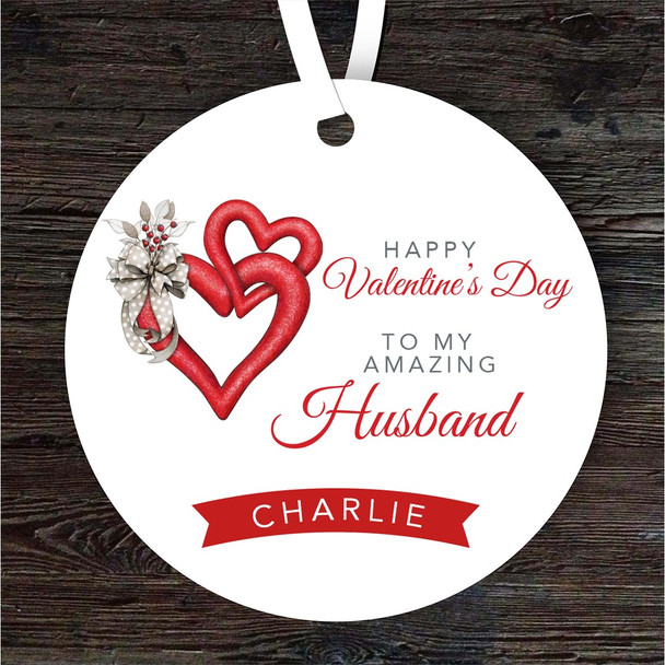 Husband Grey Bow Red Hearts Valentine's Day Gift Round Personalised Ornament