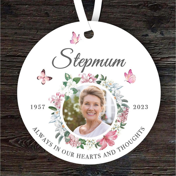Stepmum Memorial Pink Floral Butterflies Photo Keepsake Gift Custom Ornament