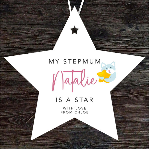 Gift For Stepmum Cat Hugs Star Personalised Hanging Ornament