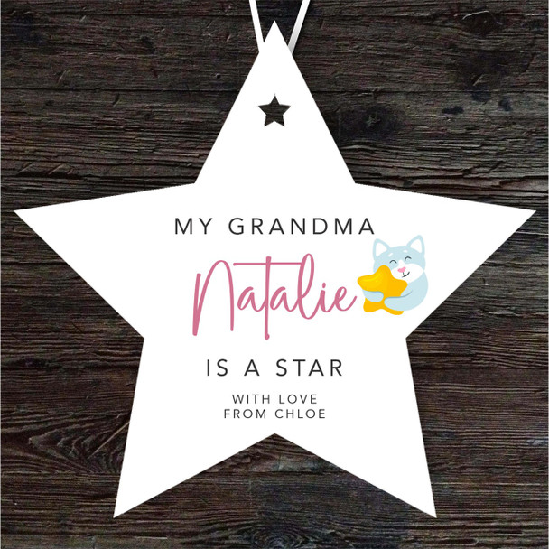 Gift For Grandma Cat Hugs Star Personalised Hanging Ornament