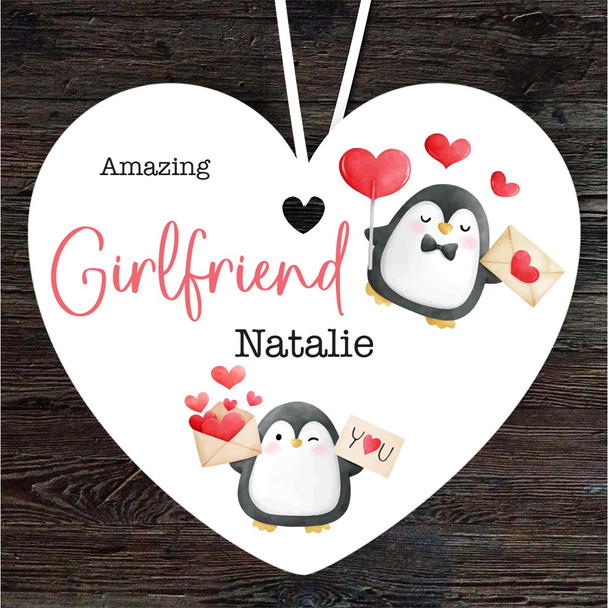Gift For Girlfriend Penguins With Hearts Heart Personalised Hanging Ornament