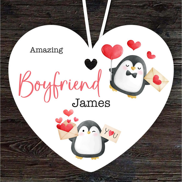 Gift For Boyfriend Penguins With Hearts Heart Personalised Hanging Ornament