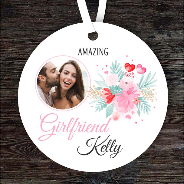 Gift For Girlfriend Pink Heart Floral Round Personalised Hanging Ornament