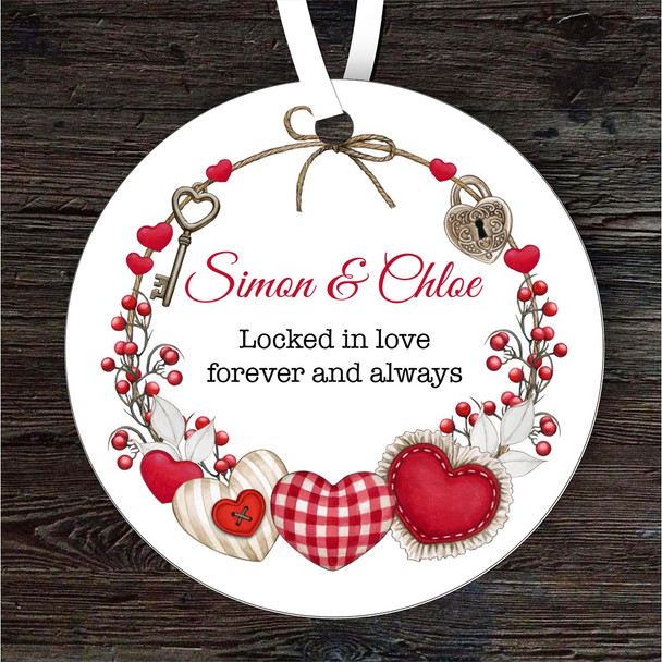Padlock Red Hearts Wreath Romantic Gift Round Personalised Hanging Ornament