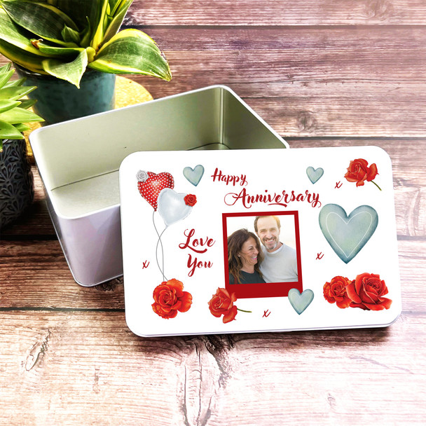 Red Rose Happy Anniversary Gift Photo Personalised Treat Tin