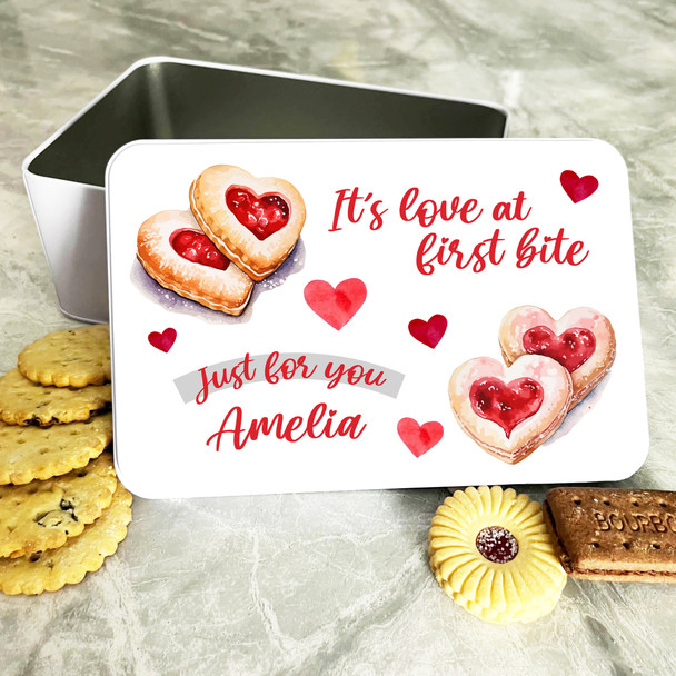 Love At First Bite Cookie Biscuit Romantic Gift Personalised Treat Biscuit Tin