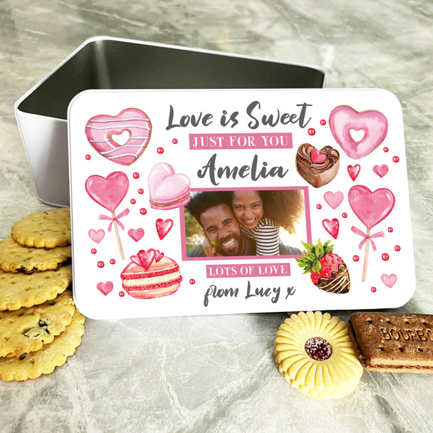 Love Is Sweet Pink Photo Romantic Gift Personalised Treat Sweet Tin