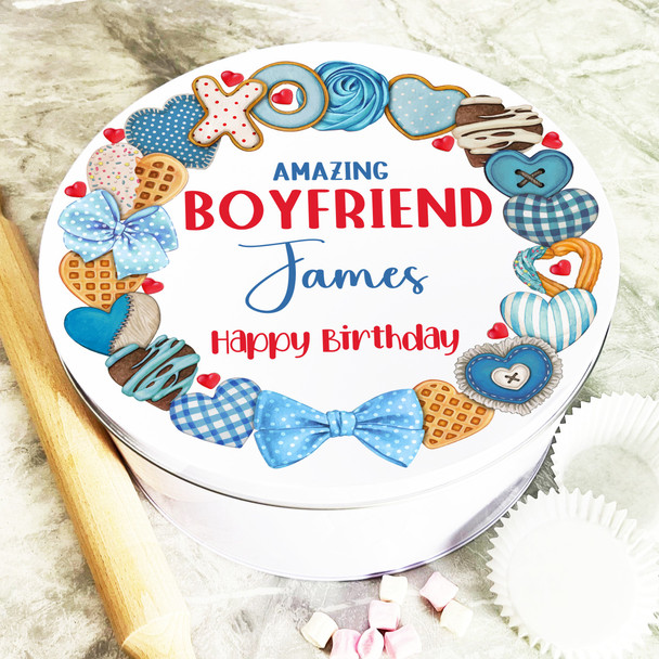 Round Gift For Boyfriend Blue Cookies Birthday Personalised Cake Treat Tin