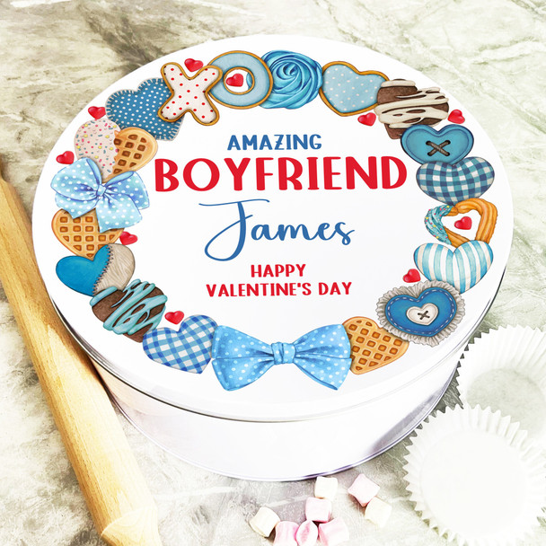 Round Gift For Boyfriend Blue Cookies Valentine's Personalised Cake Treat Tin