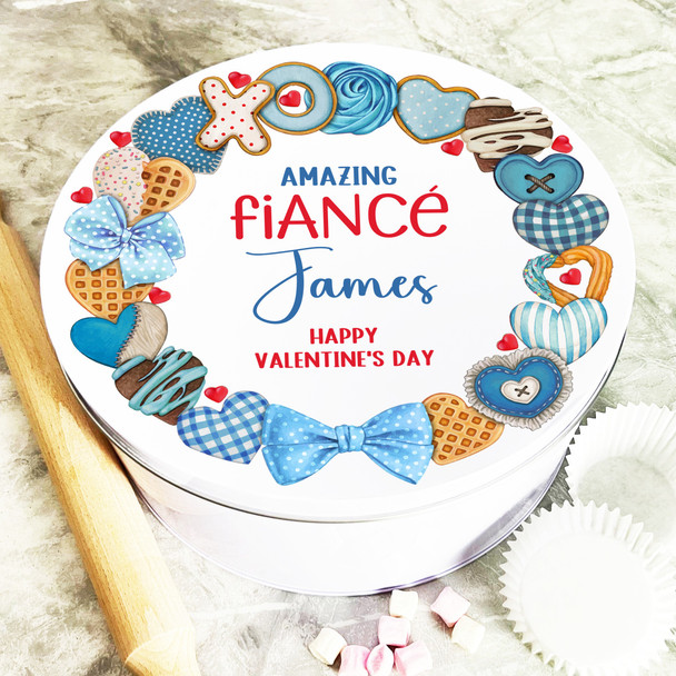 Round Gift For Fiancé Blue Cookies Valentine's Day Personalised Cake Treat Tin