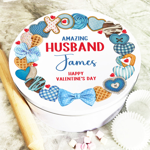 Round Gift For Husband Blue Cookies Valentine's Day Personalised Cake Treat Tin