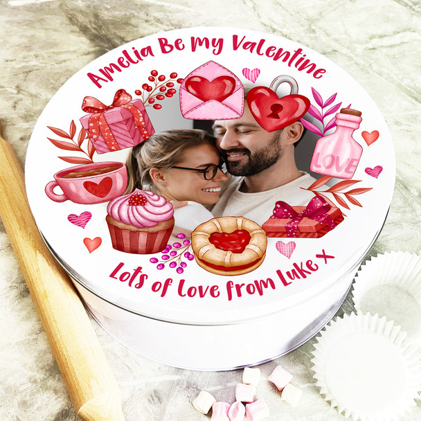 Round Be My Valentine Photo Pink Valentine's Gift Personalised Cake Treat Tin