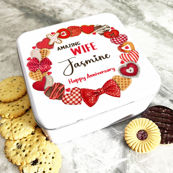 Square Anniversary Gift For Wife Red Cookies Wreath Personalised Sweet Treat Tin